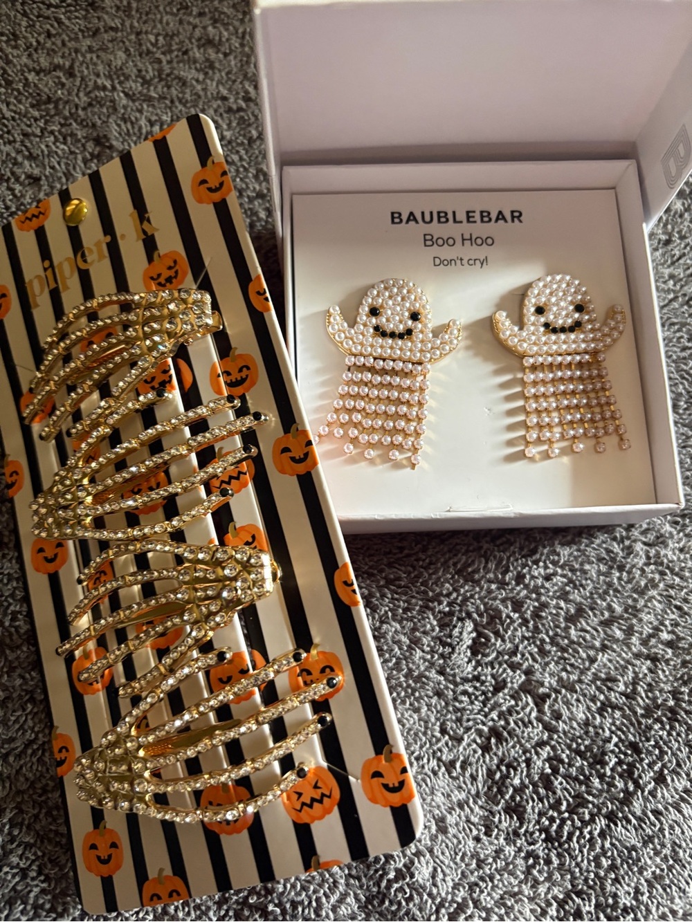 BaubleBar Pearl Ghost Stud Earrings and Piper K Skeleton Hand Hair Clips